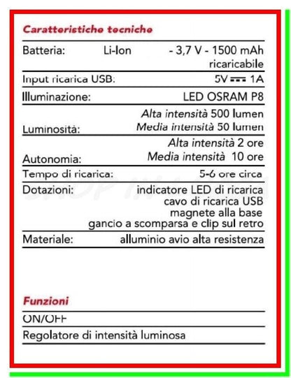 Torcia Ricaricabile Led P8 Lampada Potente STYLE CFG USB Lavoro Officina Al Avio