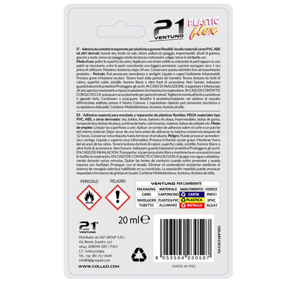 Tubetto Super Colla 21 Plastic Flex Adesivo per Plastica e Gomma Flessibile 20ml