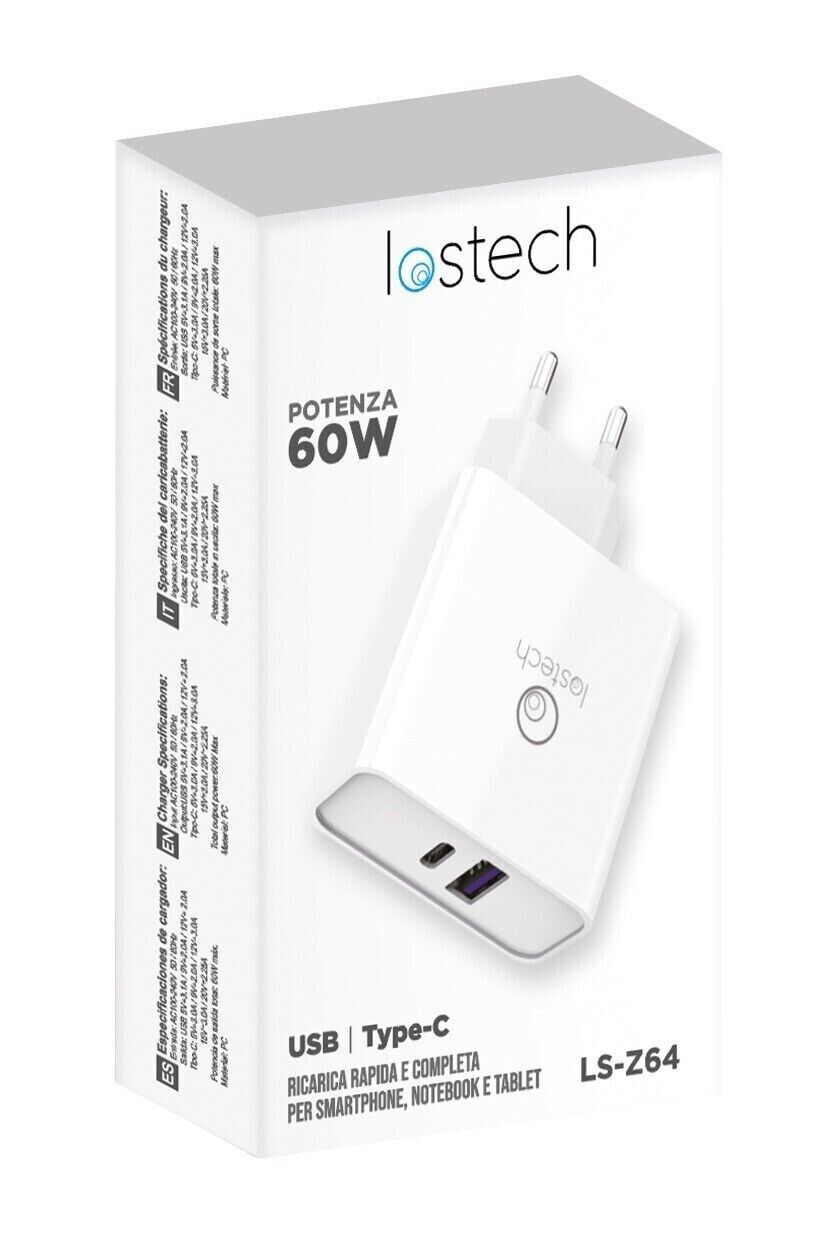 CARICATORE RAPIDO 60W LOSTECH LS-Z64 CON PRESE USB + USB Type C Quick Charge