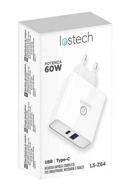 CARICATORE RAPIDO 60W LOSTECH LS-Z64 CON PRESE USB + USB Type C Quick Charge
