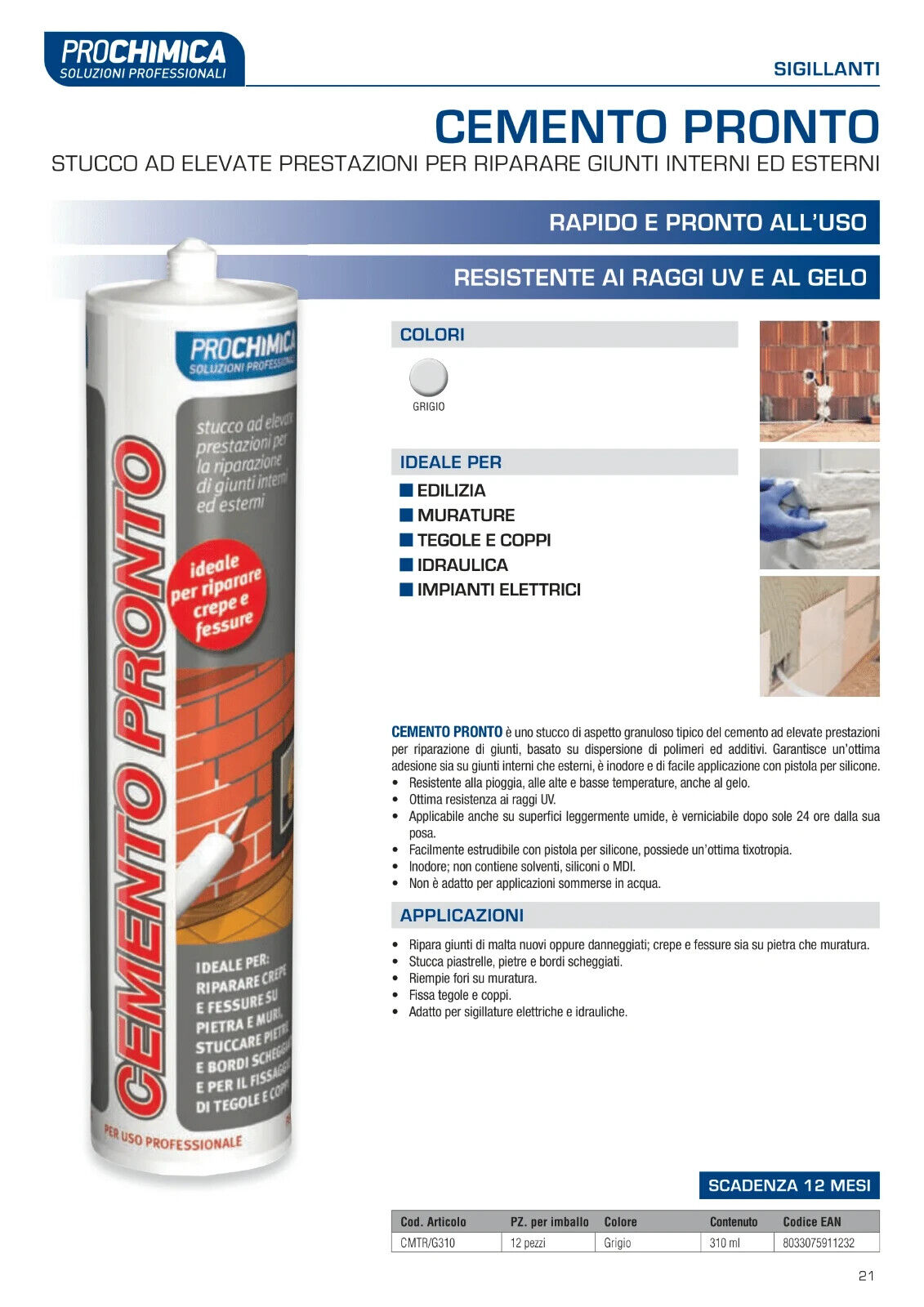 Cemento pronto in cartuccia Prochimica 310ml. grigio ideale per crepe e fessure