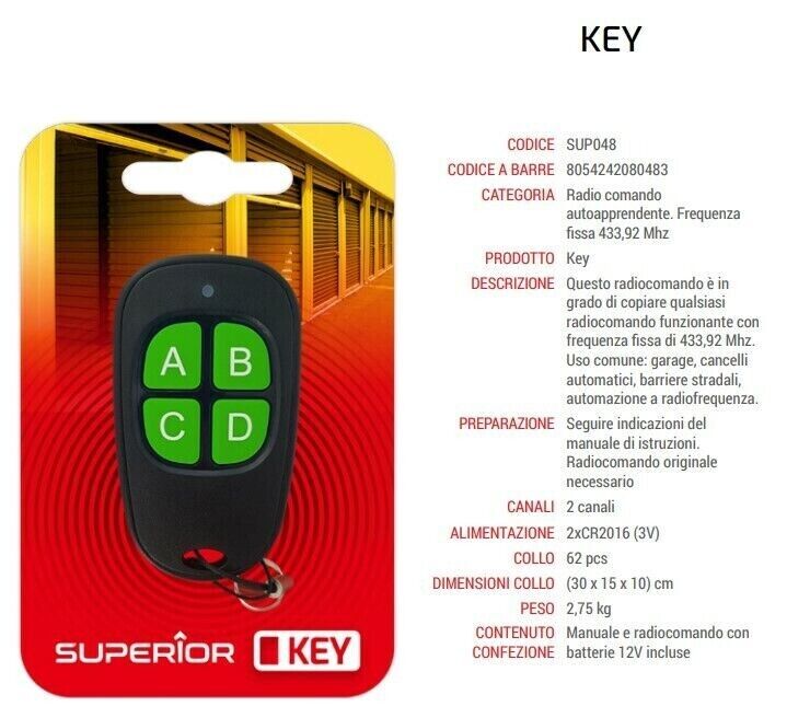 SUPERIOR RADIOCOMANDO UNIVERSALE PROGRAMMABILE KEY 4 CANALI TELECOMANDO CANCELLI