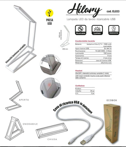 CFG Lampada LED tavolo ricaricabile USB snodabile 3 Watt 150 lumens EL033 HILARY