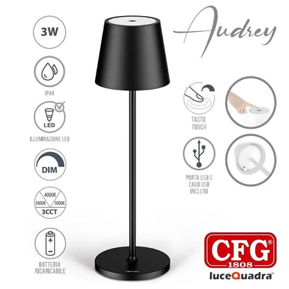 LAMPADA LED DA TAVOLO RICARICABILE AUDREY NERA LUMINOSITA E LUCE REGOLABILE