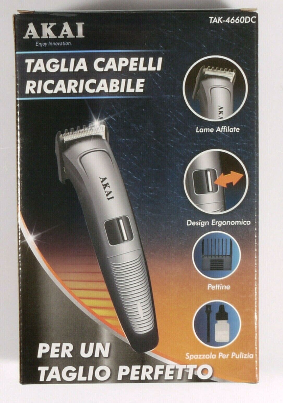 )TAGLIA CAPELLI RICARICABILE AKAI TAK-4660DC BOX LAMA ACCIAO WIRELESS CAVO