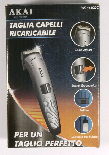 )TAGLIA CAPELLI RICARICABILE AKAI TAK-4660DC BOX LAMA ACCIAO WIRELESS CAVO