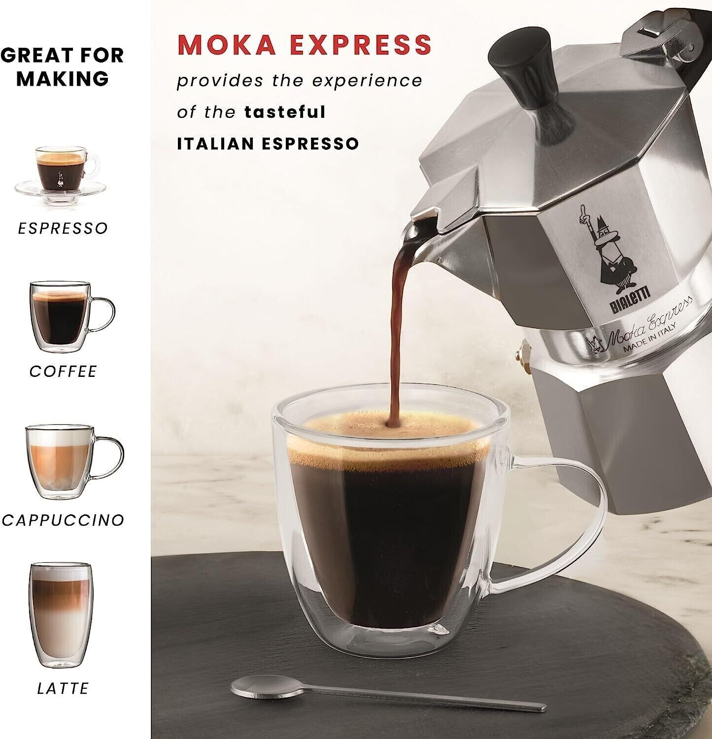 Bialetti Caffettiera Moka Express in alluminio da 1 a 6 tazze