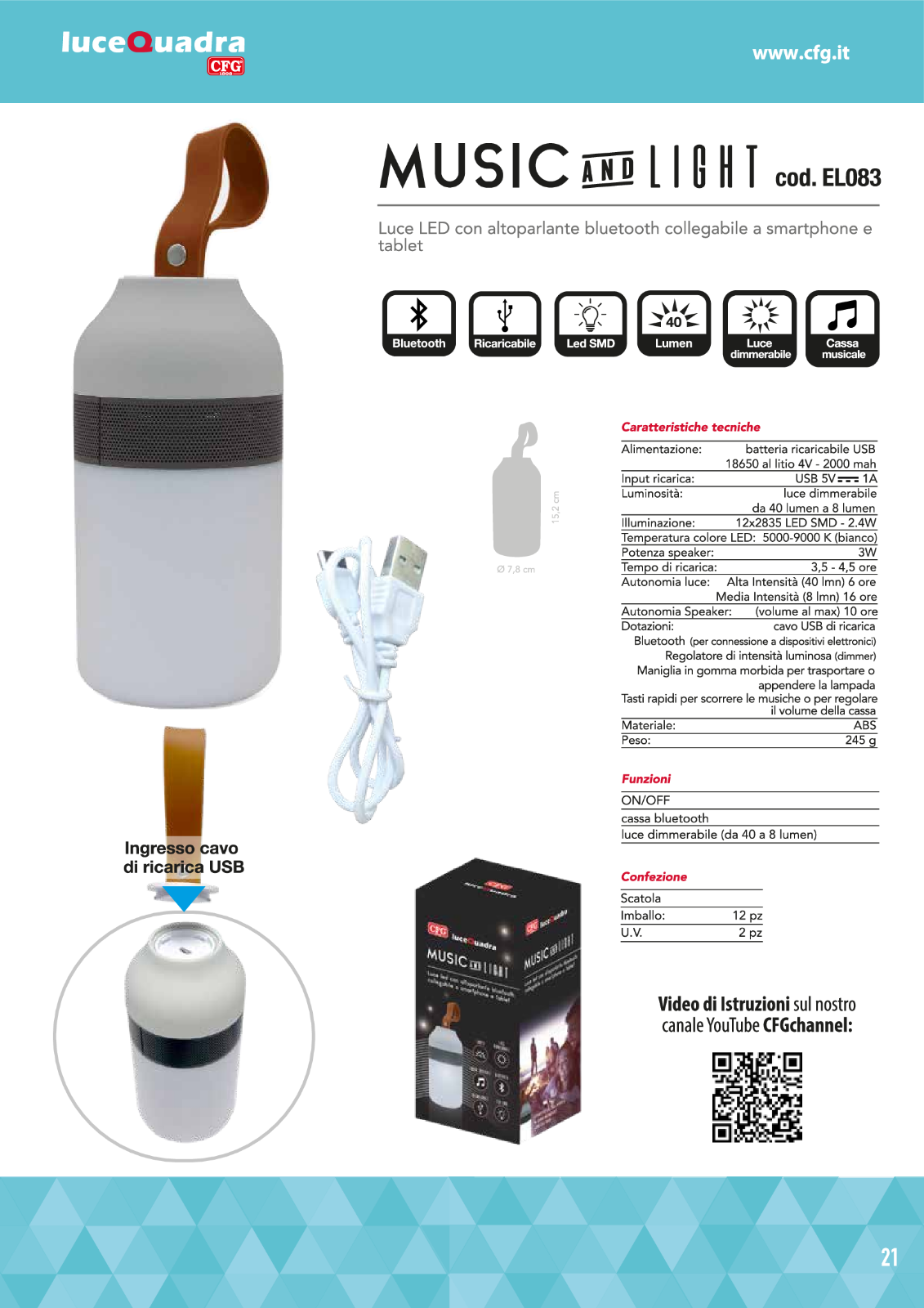LUCE LED CON CASSA BLUETOOTH - MUSIC AND LIGHT -