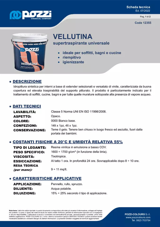 Pittura murale super traspirante Vellutina Pozzi lt.14 bianca