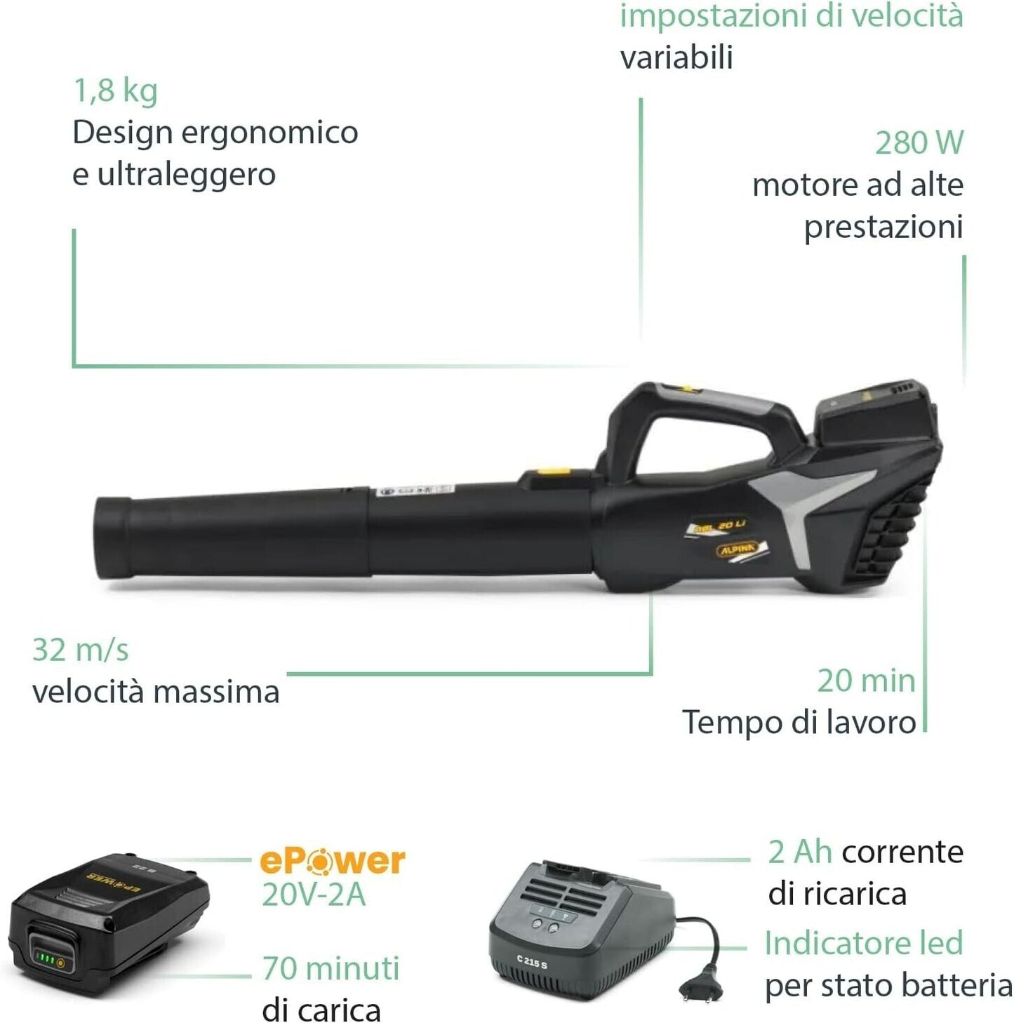 Alpina Soffiatore Batt. ABL 20 Li Kit UNABatt.  4AH Giardino Pulito e in Ordine