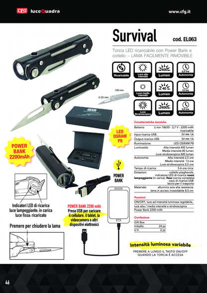 TORCIA LED RICARICABILE con Lama e Power Bank